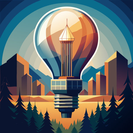 Vector illustration of a lightbulb in the city with skyscrapersのイラスト素材
