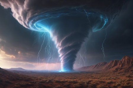 Fantasy landscape with lightning storm. 3D illustration. Elements of this image furnished by NASAの写真素材