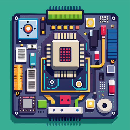 Colorful Motherboard Circuit, vector illustration. Generative AI.のイラスト素材
