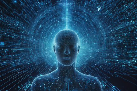 3d rendering of cyborg head with binary code on blue background
