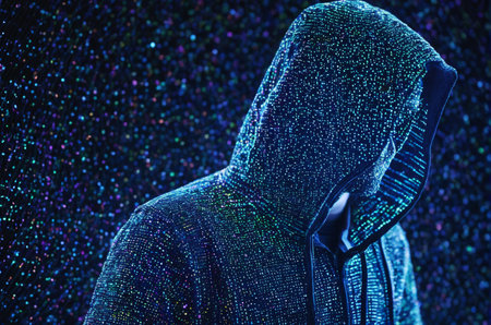 Hooded man in a hoodie on a dark background with lightsの写真素材