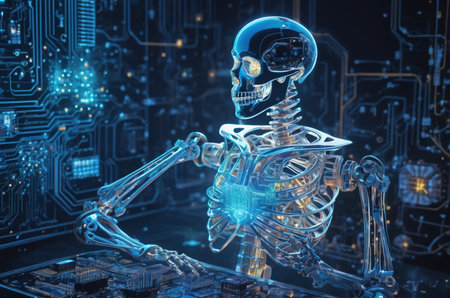 3D rendering of a human skeleton with a circuit board in the background