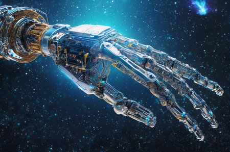 3D rendering of a robot on space background with stars and nebula