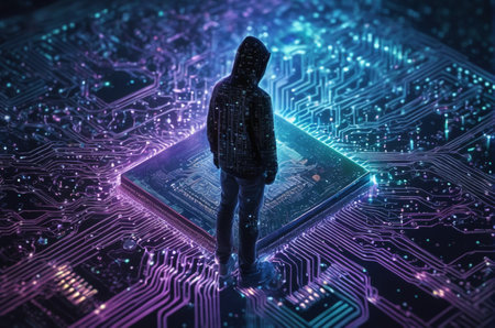Hacker in front of a computer chip. Cyber attack concept. 3D Renderingの写真素材