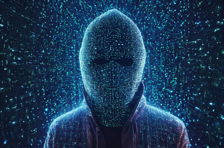 Hacker with glowing binary code on dark background. Hacking concept