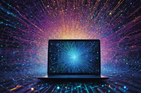 Laptop with abstract colorful bokeh background. 3D Renderingの写真素材