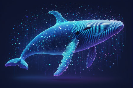 Blue whale with glowing particles, abstract vector illustration on dark background.の写真素材