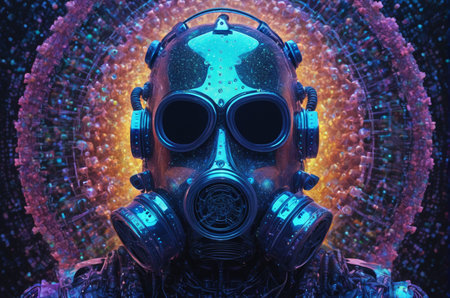 3D rendering of a futuristic man in a gas mask on a futuristic background