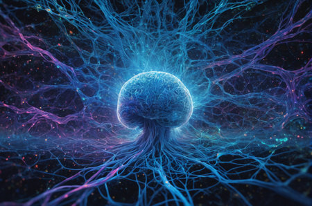 3D Illustration of a neuron, brain and neurons, computer generated background