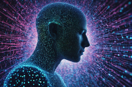 3d rendering of cyborg head with binary code on dark background
