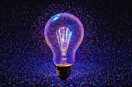 Glowing light bulb on a dark background with purple and blue sequins