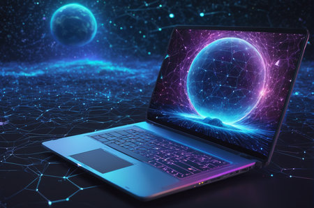 Laptop with abstract planet hologram on dark background 3D renderingの写真素材