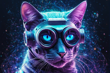 Futuristic cat with blue eyes and futuristic glasses. 3D rendering