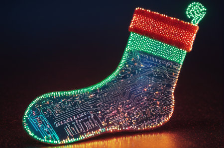 Christmas sock with circuit board on dark background. 3D Renderingの写真素材