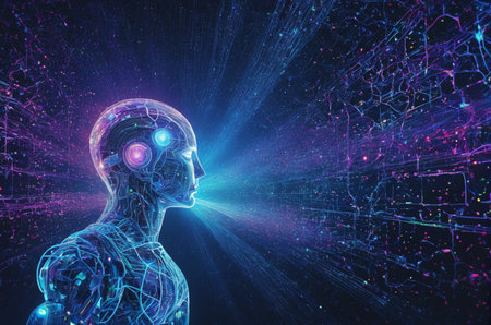 3d rendering cyborg with circuit board and connection lines on dark background