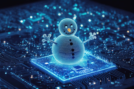 Futuristic snowman on a circuit board. 3d renderingの写真素材