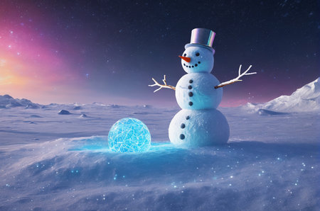 Snowman in winter landscape with blue christmas ball. 3d rendering