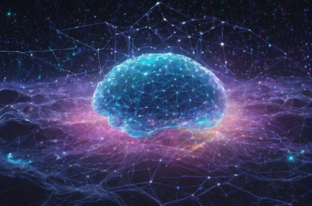 3D rendering of a human brain against a blue background with connected lines and dotsの写真素材