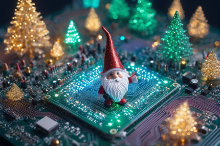 Close up of Santa Claus on computer circuit board with christmas treeの写真素材