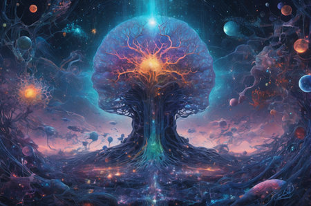 Digital illustration of a brain in abstract space with stars and planets in the background