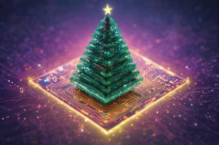 3d illustration of christmas tree on circuit board. 3d rendering