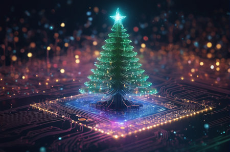 3d illustration of computer chip with christmas tree and bokeh lightsの写真素材