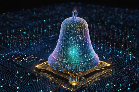 Close up of a bell on a computer circuit board. Technology concept
