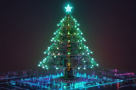 Futuristic christmas tree with glowing lights. 3d renderingの写真素材