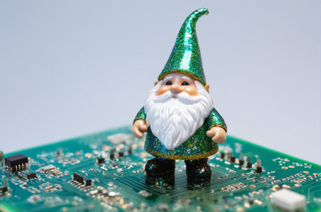 Garden gnome on the computer circuit board with space for textの写真素材