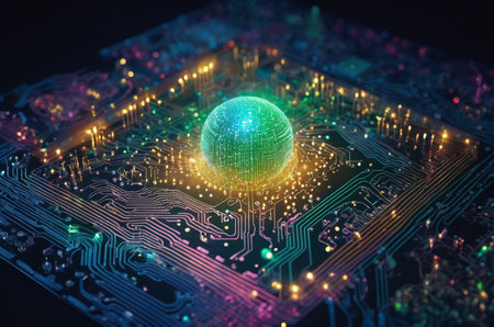 Circuit board with microchips and connections. 3d renderingの写真素材