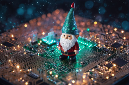 Miniature Santa Claus on a printed circuit board. Christmas concept.の写真素材