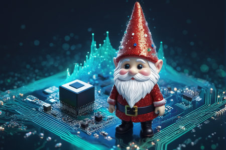 santa claus on the motherboard of the computer, 3d renderの写真素材