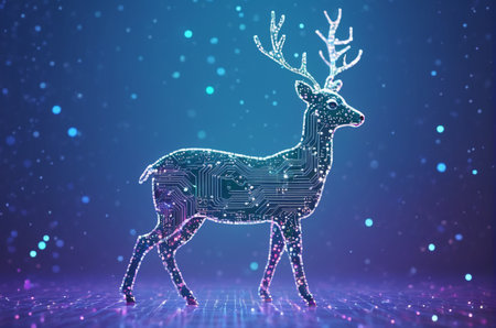 Digital deer hologram on dark blue background. Christmas and New Year concept. 3D Renderingの写真素材