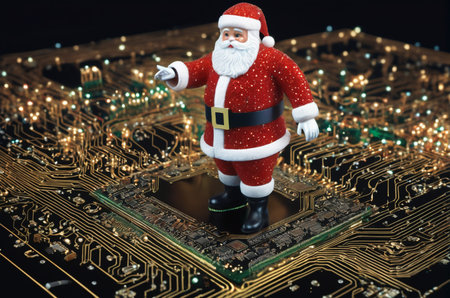 Santa Claus toy on a circuit board. Christmas and New Year concept.の写真素材