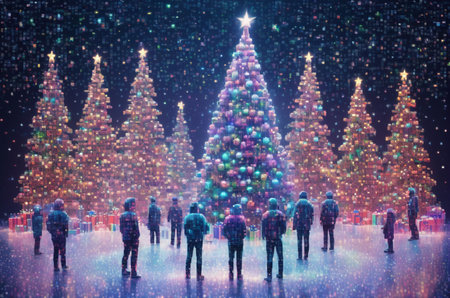 Christmas and New Year celebration concept. Group of people in front of christmas treeの写真素材