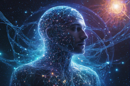 Human head with glowing network connection over dark background. 3D renderingの写真素材