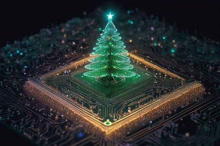 Futuristic computer chip with christmas tree. 3D renderingの写真素材