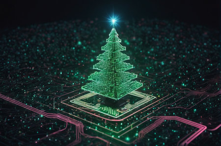 Circuit board and christmas tree. 3D rendering toned imageの写真素材