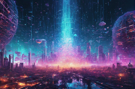 Futuristic cityscape with glowing lights. 3d illustration.