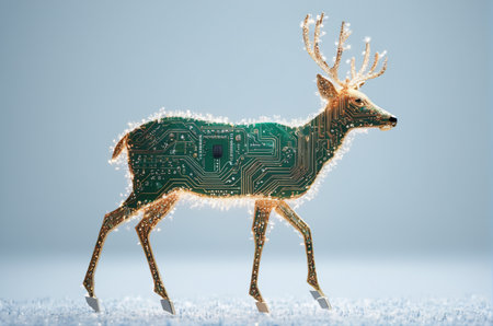 Digital composite of Christmas deer with circuit board against blue vignette