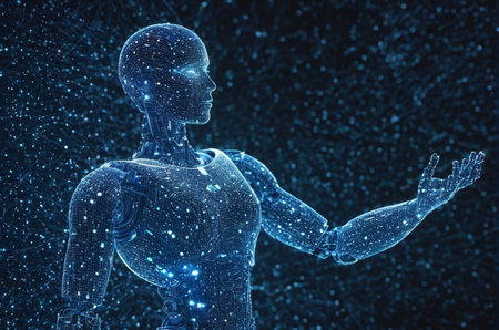 3D rendering of a female cyborg on a dark background with particlesの写真素材