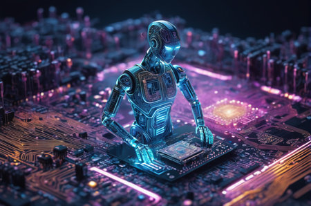 Robot with circuit board. Artificial intelligence concept. 3D Renderingの写真素材