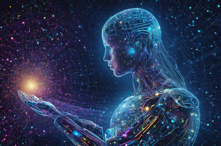 3D rendering of a female robot against outer space background with stars