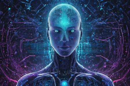 3D rendering of a female cyborg with digital brain and circuitの写真素材