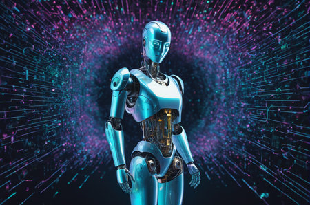Robot cyborg with digital hologram on dark background 3D rendering
