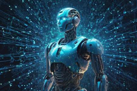 3D rendering of a female cyborg with digital binary code backgroundの写真素材