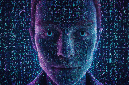 Cyborg man face with binary code. Artificial intelligence concept. 3D Rendering