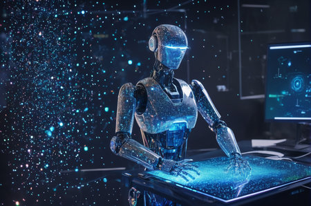Robot humanoid working with hologram screen. Artificial intelligence concept. 3D Rendering