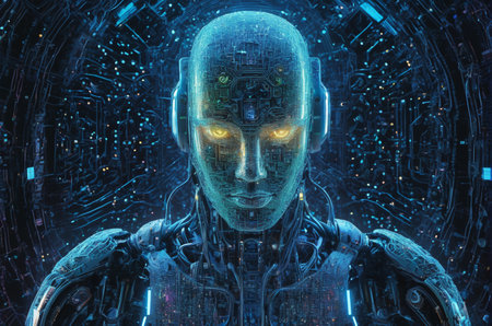 3D rendering of an artificial intelligence robot with circuit board in the background