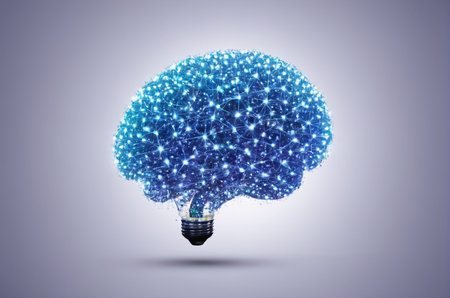Lightbulb with human brain on colorful background. 3D rendering